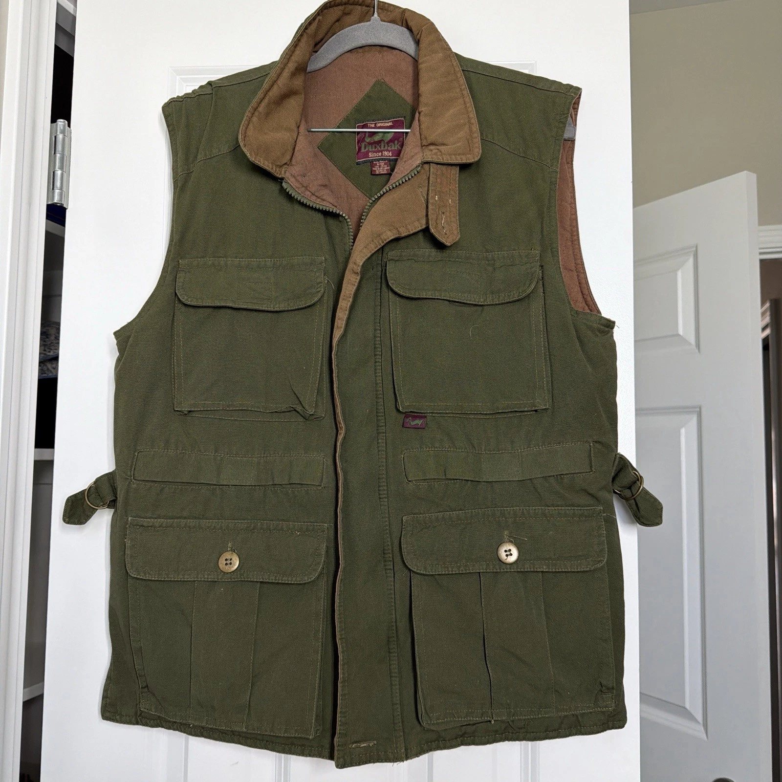 Vintage Duxbak Hunting Vest Mens M Green Canvas Safari Utility Outdoor Pockets