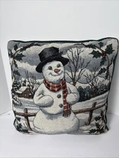 Christmas Snowman Tapestry Throw Pillow Frosty 15 x 15"