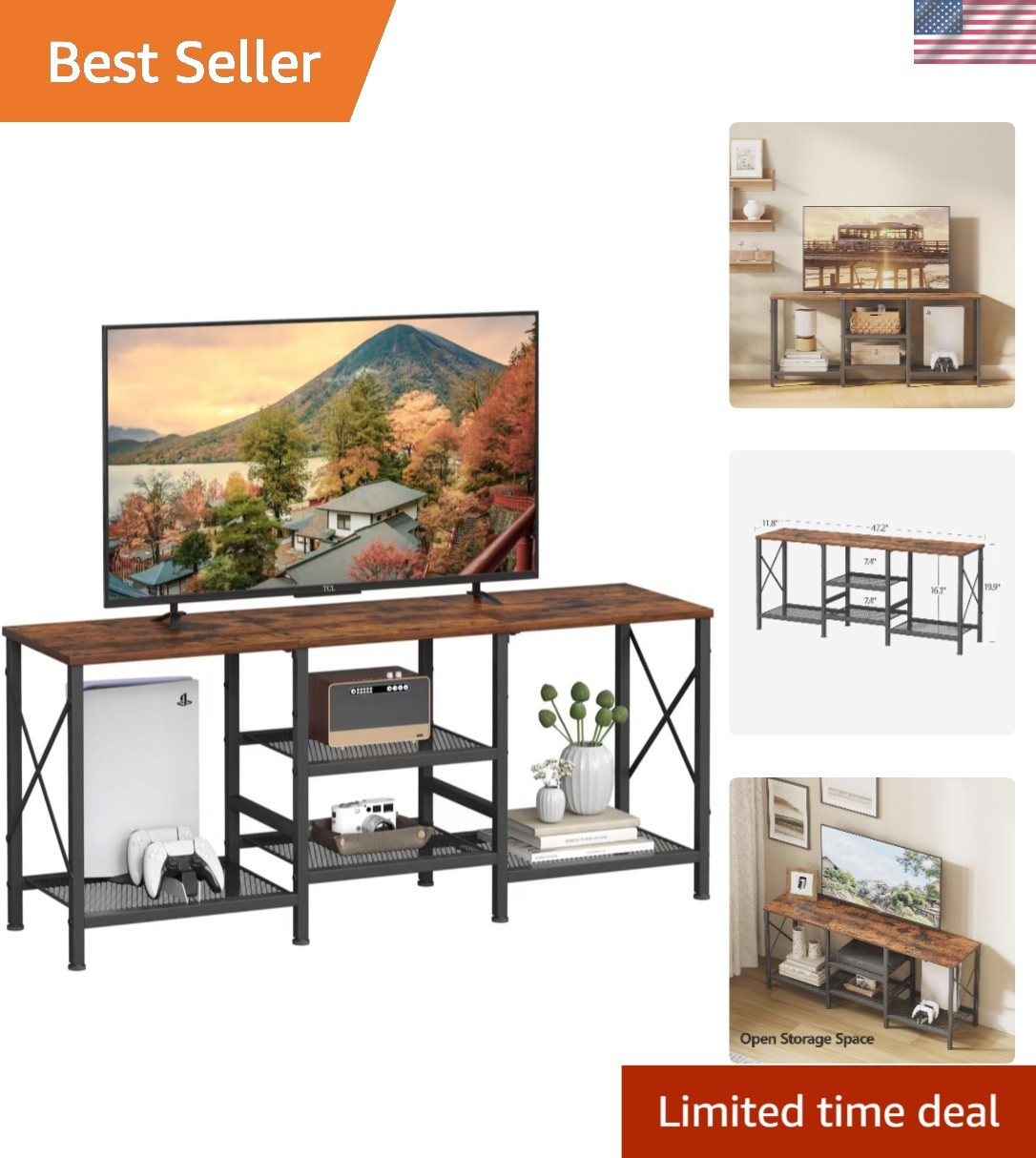 For 55 Inch Tv Entertainment Center With 3 Shelves Rustic Br