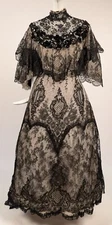 VICTORIAN BLACK SILK CHANTILLY LACE DRESS W SEQUIN DETAIL + BELL SLEEVE + TRAIN