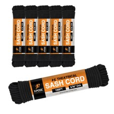 Sash Cord - Cotton and Nylon Rope - 3/16 Inch x 100 Ft Rope - Black 6 Pack