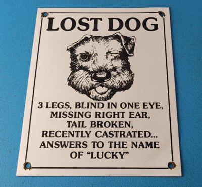 Vintage Lost Dog Porcelain Sign - Wanted Notice Missing Gas Pump Plate Sign