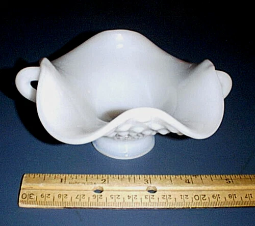 Vtg FENTON Hobnail Milk Glass Ruffled Rim & Double Handle Candy Dish / Nut Bowl