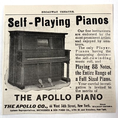 Antique 1907 Apollo Self-Playing Player Piano Roll New York City Print Ad NYC