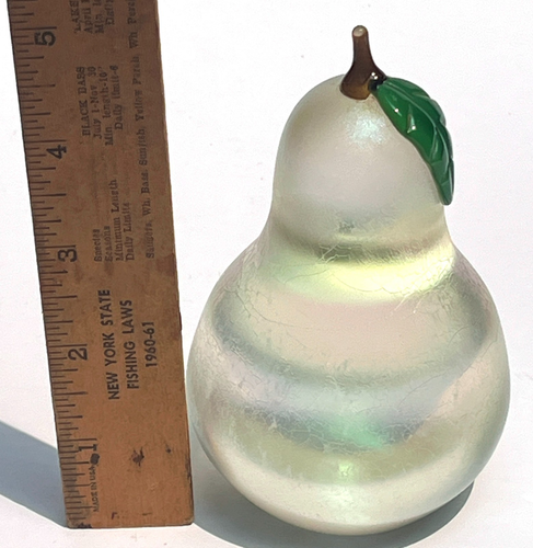Orient & Flume Frost Art Glass Iridescent Pear Paperweight Signed Vintage 4.75" - Picture 6 of 6