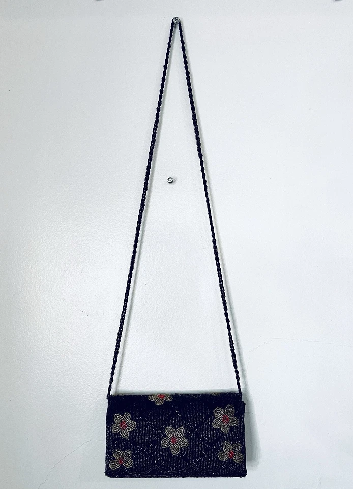 Bolso sin asas floral negro vintage para mujer adornado con cuentas con cuentas Foto 2 de 3