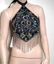 Stunning Beaded Festival Halter Top with Fringe – Adjustable Tie Back, size L