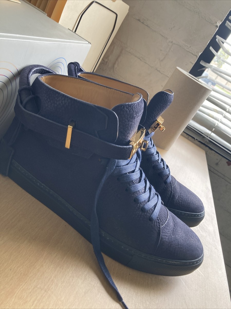 Buscemi Men’s 100mm Nubuck Blue Ink Gold Hardware High Top Sneakers US 13  EU 47