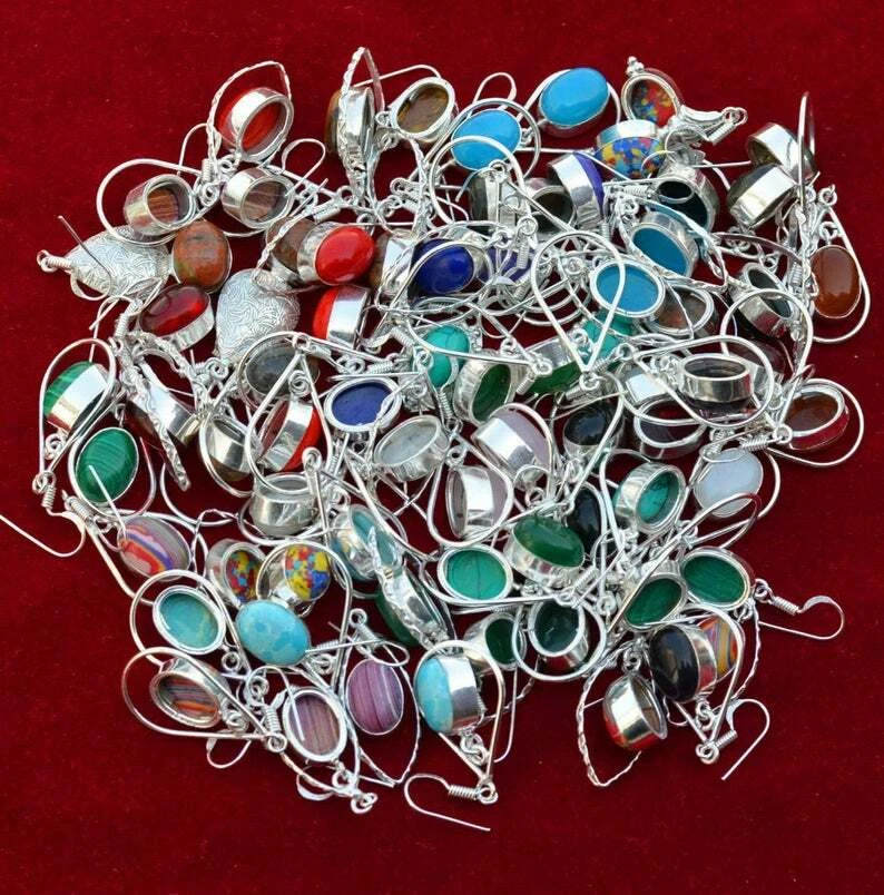 Venta al por mayor Lote de pendientes de piedras preciosas enchapados en plata pendientes hechos a mano MR-002 Foto 3 de 4