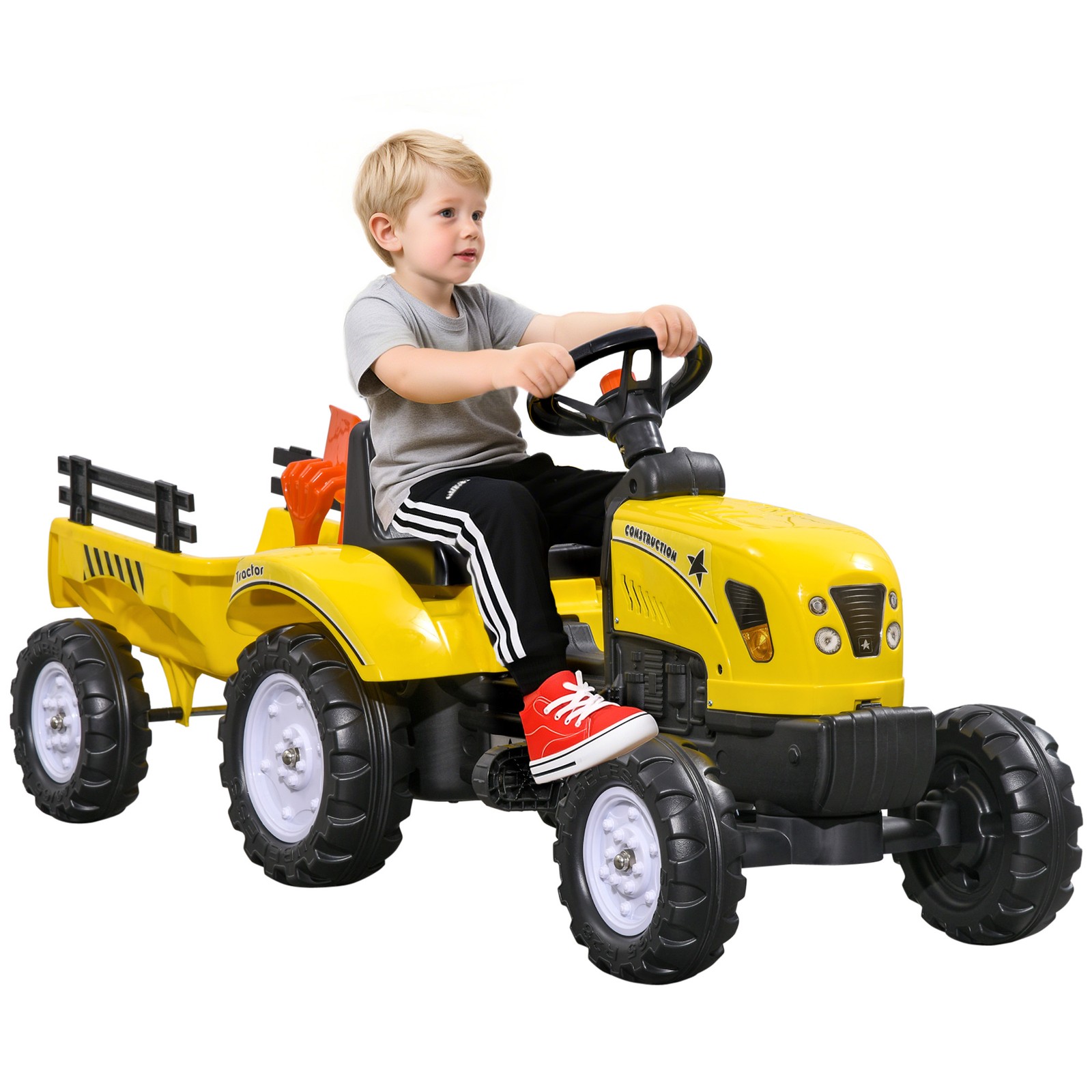 HOMCOM Trattore Go Kart a Pedale con Pala e Rastrello Quattro Ruote Giocattolo per Bambini