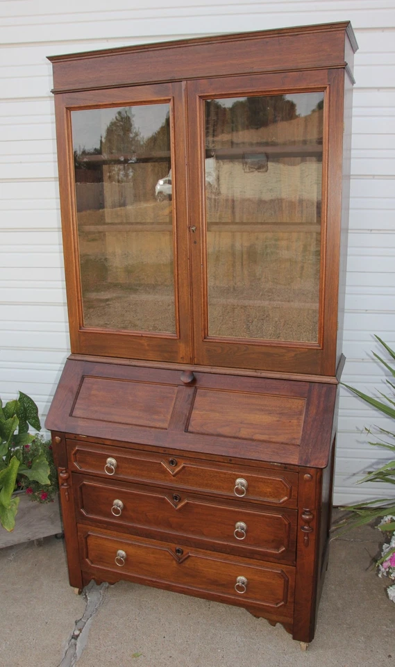 1800s Square Nail Walnut Drop Front Desk Secretary Bookcase Display Cabinet &Key - Image 4 of 4