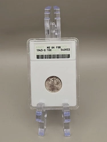 1943-S Mercury Silver Dime 10c - ANACS MS64 FSB - Old ANACS Holder