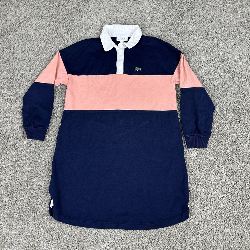 Vestido Camisa Rugby Lacoste Jóvenes Niñas 8 Azul Marino Rosa Bloque de Color Manga Larga Algodón Foto 2 de 4