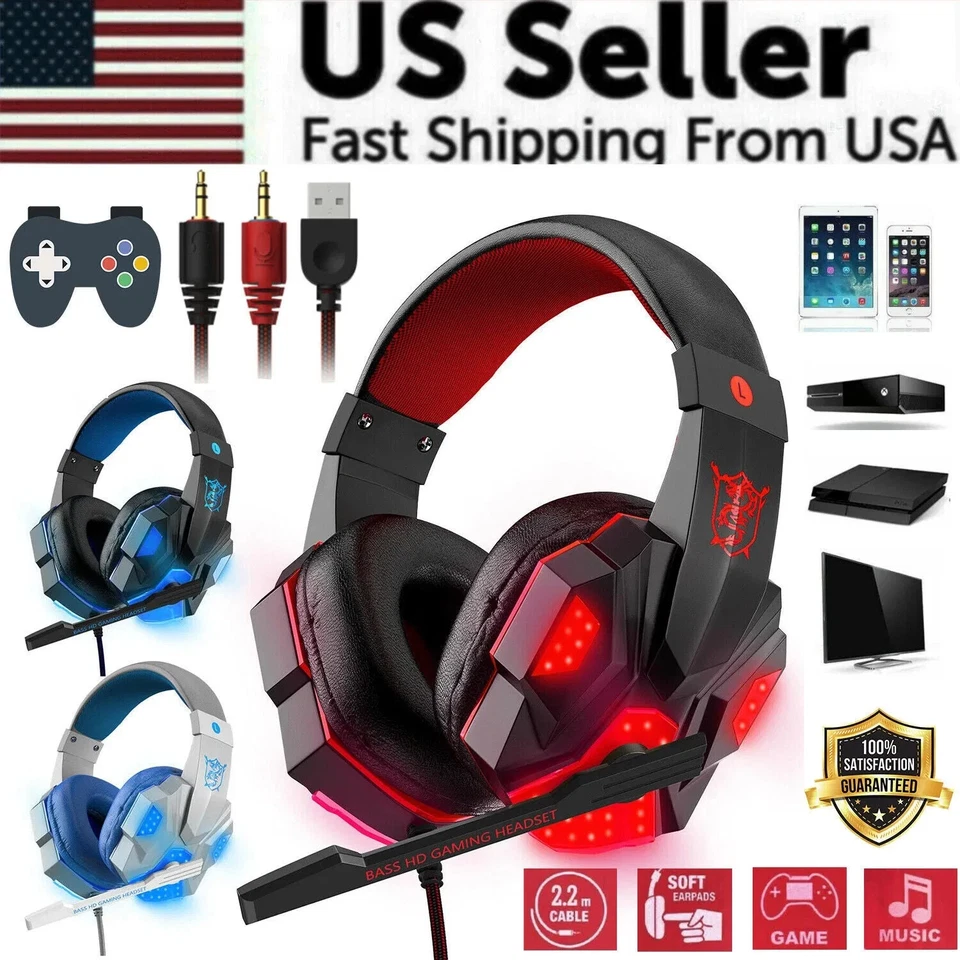 3.5mm Gaming Headset Mic LED Headphones Stereo Bass Surround For PC PS4 Xbox One - Image 2 of 4