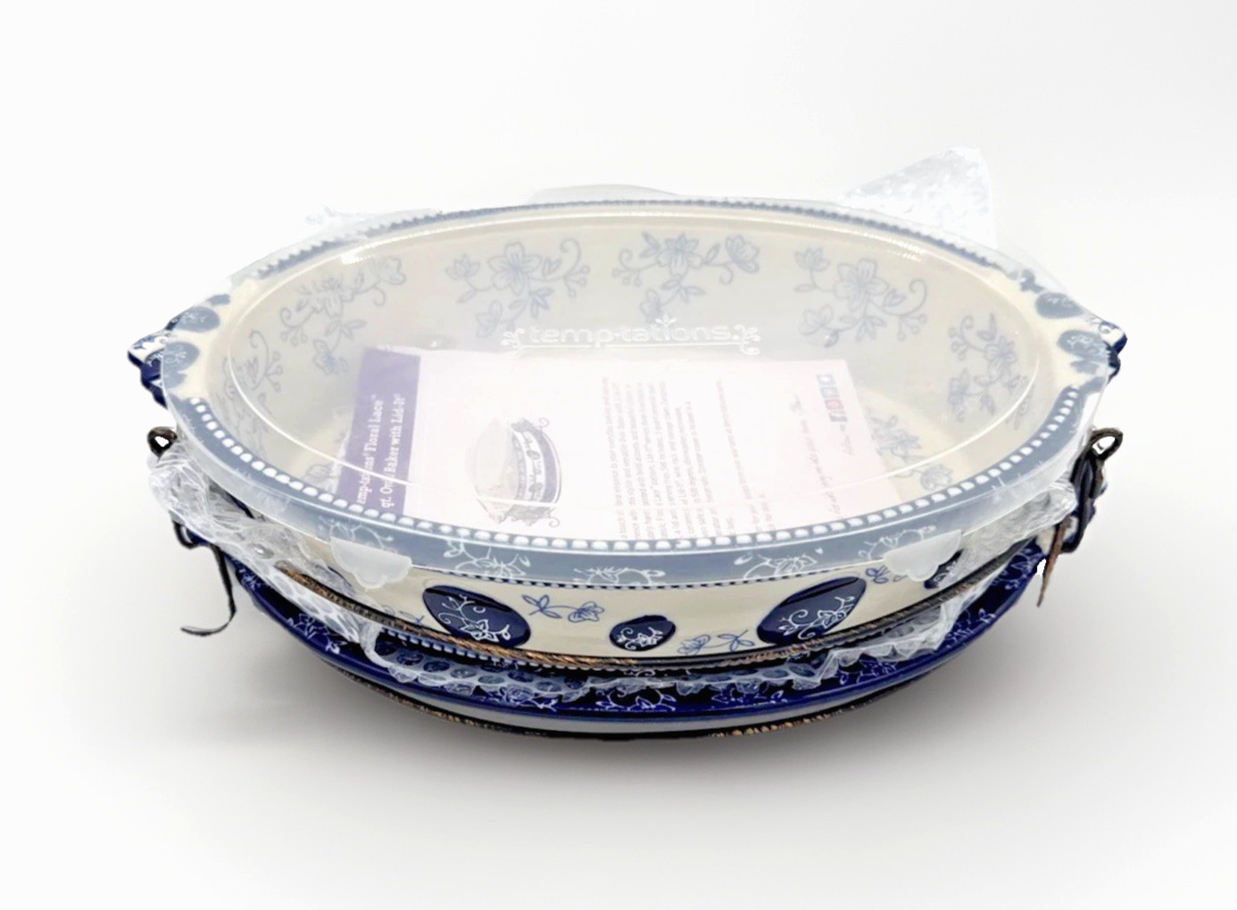 Temp-Tations Floral Lace Blue Oval Baker w/ Lid & Wire Rack 3Qt Set NEW