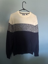 IZOD L Crew Neck Knit Pullover Sweater Cotton Colorblock Ivory Gray Navy