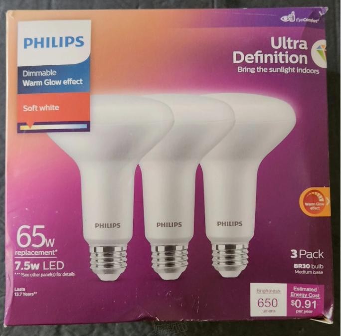 PHILIPS 65W 7.5W LED INDOOR LIGHT. DIMMABLE WARM GLOW EFFECT. SOFT WHITE 3 PACK