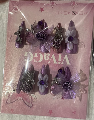 ViVaGG Press-On Nails Short Stiletto Purple 3D Glitter Flower Butterfly small 