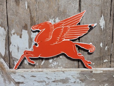 VINTAGE MOBIL PORCELAIN SIGN OLD DIECUT PEGASUS MOTOR OIL GAS PUMP FLYING HORSE