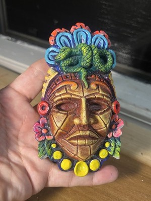 Mayan Clay Mask Handcrafted Clay Wall Art Chichen Itza Mexico 5.5 x 4.5''