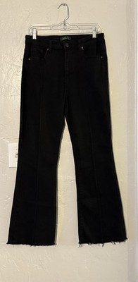 Solotu High Rise Flare Black Jeans Size 13/31 Raw Hem, Seam Down The Middle