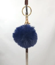 Dark Blue Pompon Purse Charm Keychain Key Fob Fluffy Plush Ball Key Ring Pom-Pom