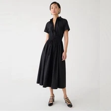 J.CREW Elena Shirtdress Size 0 PETITE Black Poplin Midi Dress Elegant Minimalist