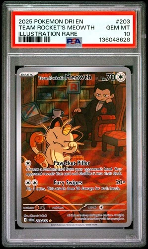 2025 POKEMON DESTINED RIVALS ILLUSTRATION RARE #203 TEAM ROCKET'S MEOWTH PSA 10