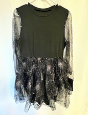 Women  s Black Glitter Mesh Long Sleeve Leotard/Unitard Tulle Skirt XL