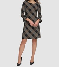 Tommy Hilfiger Women's Black Plaid 3/4-Sleeve Shift Dress Size 14