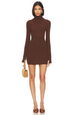 ENZA COSTA Knit Turtleneck Tunic Mini Dress Saddle Brown S 225 E1