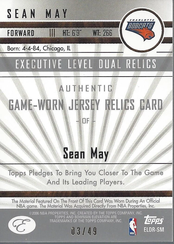 2006-07 Bowman Elevation Executive Level Relics Dual Red Sean May Jersey/49 BSK - Image 2 of 2