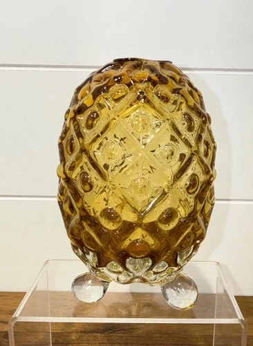 Fenton Amber Hobnail Glass Egg Candle Holder 3 Clear Feet Vintage