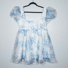 New Windsor Blue In The Sunshine Puff Sleeve Floral Babydoll Dress Size Large