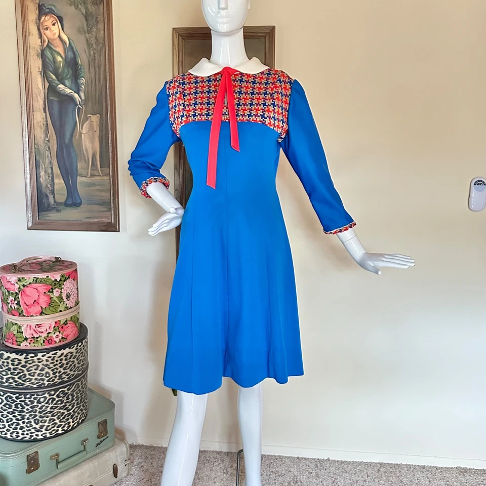 Mod Vintage Años 60/70 Volup Escuela Niña Peter Pan Cuello Corbata Scooter Vestido L Foto 2 de 4