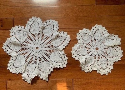 Handmade Vintage Crocheted Doilies 9'' & 12'' White Floral Pattern Set 