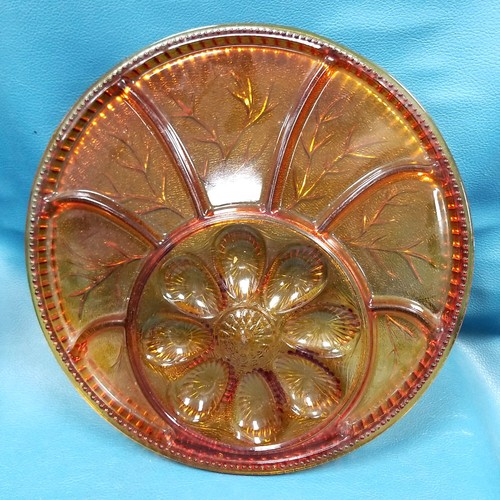 VTG Indiana Amber Glass 12.75" Tree of Life Deviled Egg Relish Tray Plate