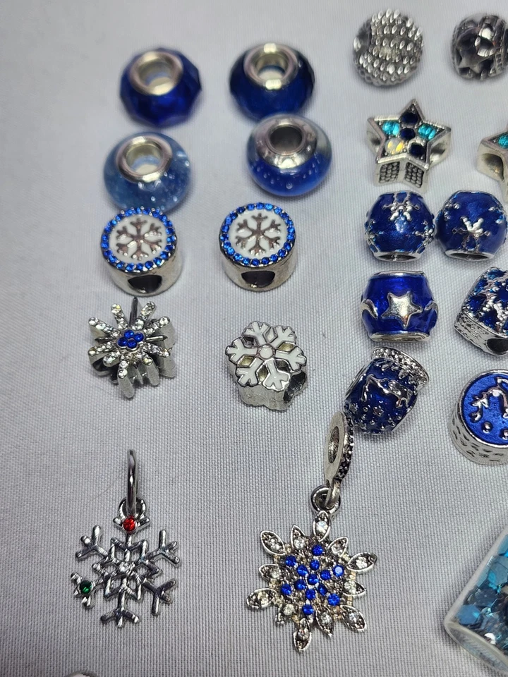 Lote 22 Plus Pulsera Copo de Nieve Estrella Reno Azul Plata Slide Charm Foto 2 de 4