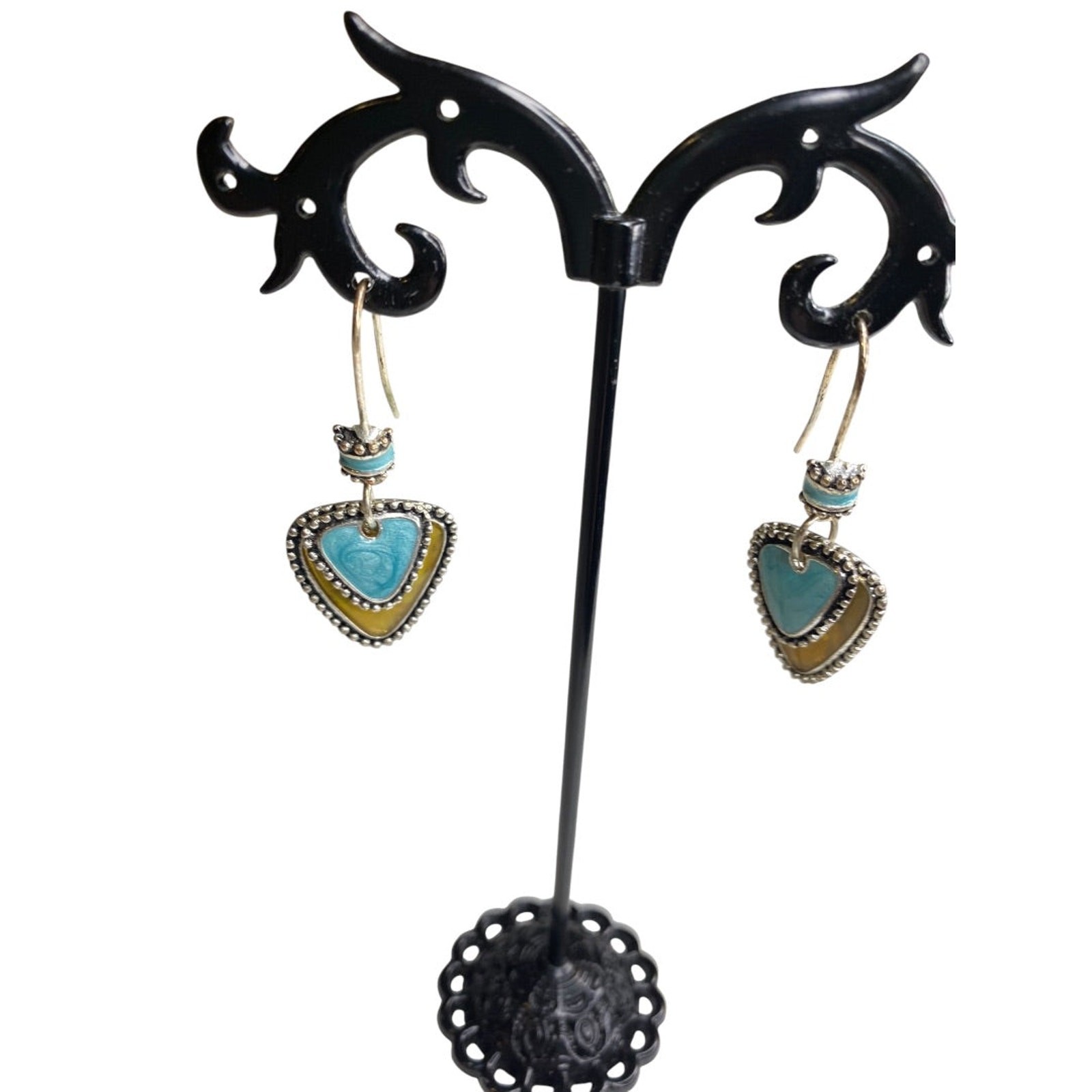 Silvertone Fishhook Earrings Triangular Shape Ena… - image 2