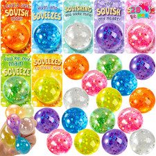 28 Valentine Glitter Stretchy Stress Balls with Cards Kids Classroom Favors Set
