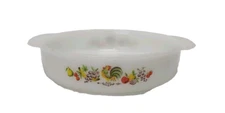 Fire King 8 Inch Round #450 Baking Dish  Rooster  Fruit Vintage Anchor Hocking