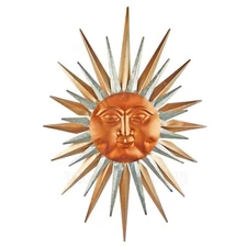 Large Garden Metal Sun Face Wall Decor Metallic Silver and Copper Rays 32" x 22"