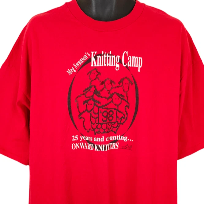 Vintage Meg Swansen Knitting Camp T Shirt Mens Size 3XL Red 90s 1998 Knitters