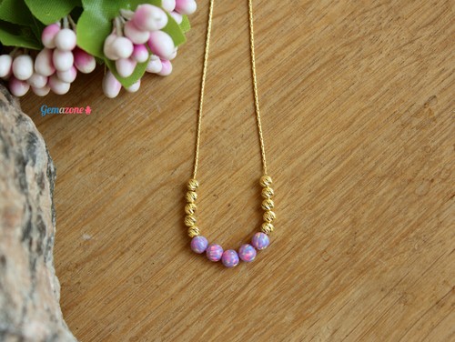 4MM Lavender Opal Yellow Gold Plated Beads Bar Ball Necklace Gold Filled Chain - Picture 4 of 7