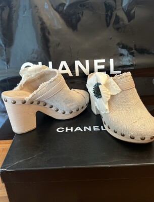 Chanel Runway Mules Linen Clogs Camellia Made Italy Size 38