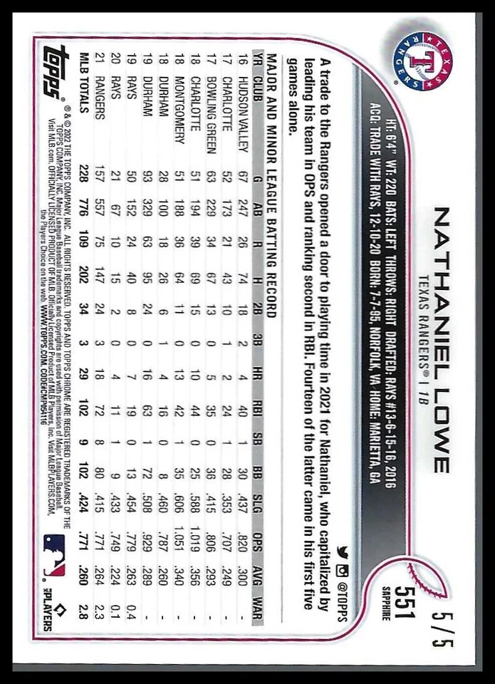 Nathaniel Lowe 2022 Topps Chrome Ruby  #551 - Texas Rangers 5/5 EXTREMELY RARE - Image 2 of 2