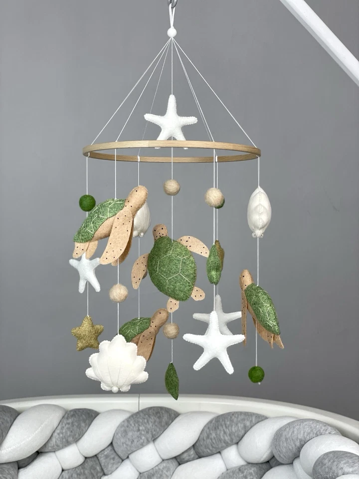 Tortuga Bebé Cuna Móvil Océano Decoración Guardería Fieltro Tortuga Marina Náutica Baby Shower Foto 3 de 4