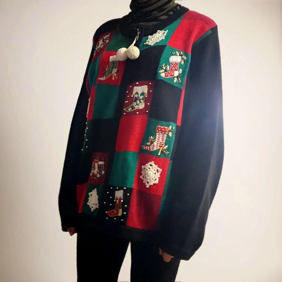 Suéter Vintage Feo Navidad De Colección Bordado Cremallera Tejido Cárdigan Talla Grande Foto 4 de 4