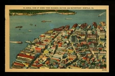 Virginia VA postcard Norfolk, Dowtown Business Section aerial view linen