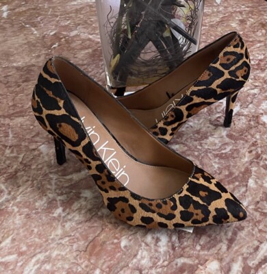 New Calvin Klein Gayle Calf Hair Leopard Print Pointed Toe Heel Pump  $120